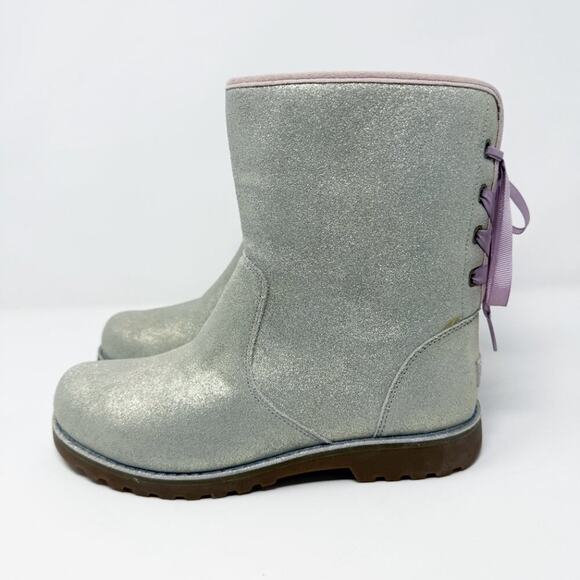 Ugg	Metallic Silver Corene Boots Size 6 Side Zip/Lace Up Back Shearling Footbed - Picture 3 of 11